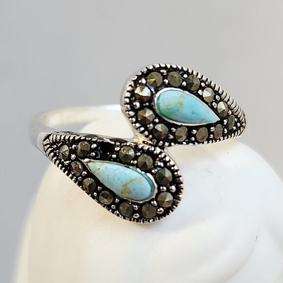 1990's Signed 925 Silver Classic Turquoise & Marcasite Ring Size 7 - Picture 2 of 12